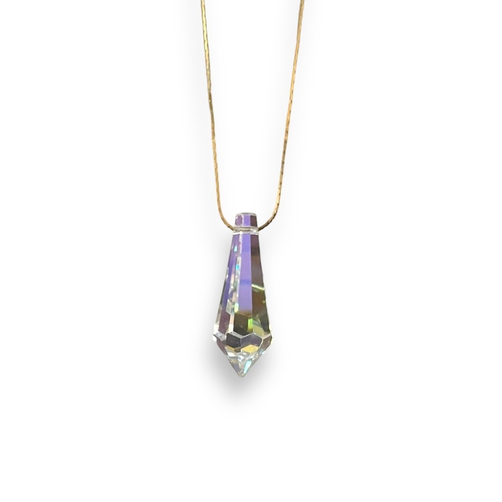 Vintage Iridescent Faceted Prism Pendant Gold Tone Thin Fine Flat Link Chain